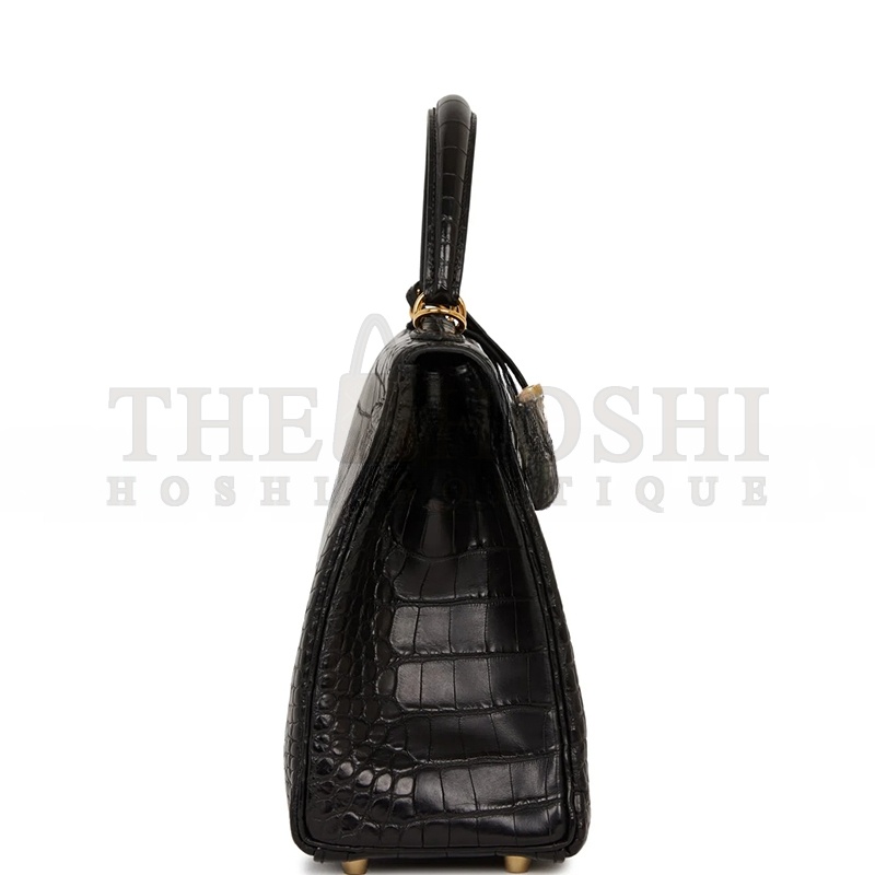 H**me5 MASTER KELLY RETOURNE 25 BLACK MATTE ALLIGATOR GOLD HARDWARE (25*20*13cm) Master Quality